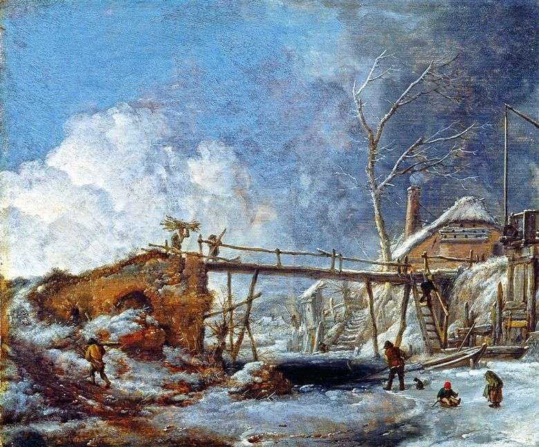 Zimowy krajobraz z drewnianym mostem   Philips Vauverman