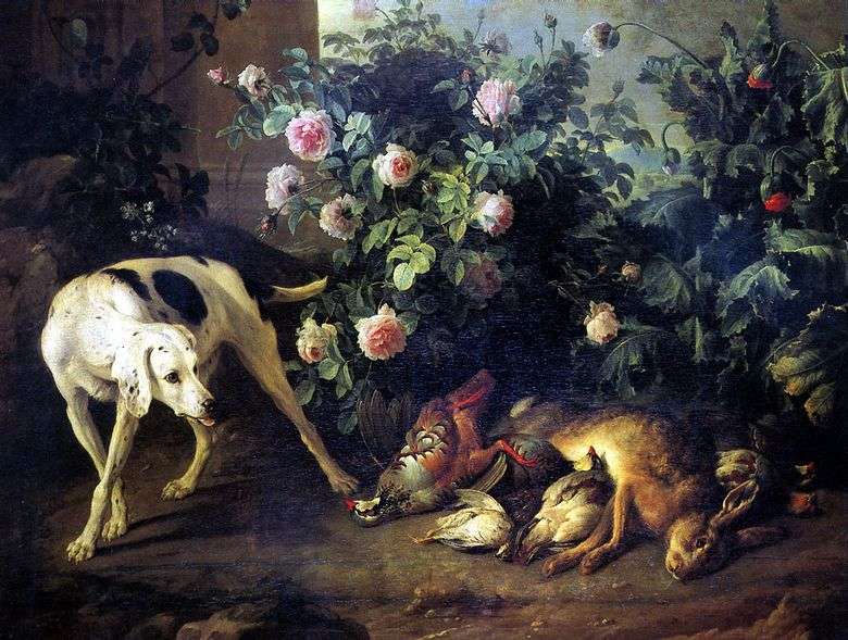 Martwa natura z psem i grą nietoperzy w krzewie róży   Francois Deport